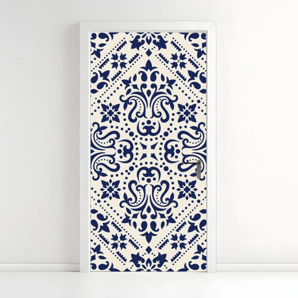 Türaufkleber marineblaues damast-fliesenmuster – Wallnifity®