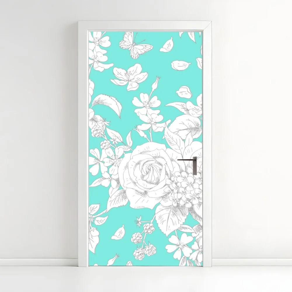 Türaufkleber türkis floral muster mit blumen – Wallnifity® Türaufkleber türkis floral muster mit blumen – Wallnifity®