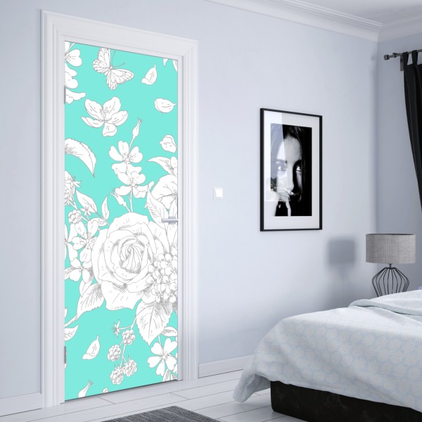 Türaufkleber türkis floral muster mit blumen – Wallnifity® Türaufkleber türkis floral muster mit blumen – Wallnifity®
