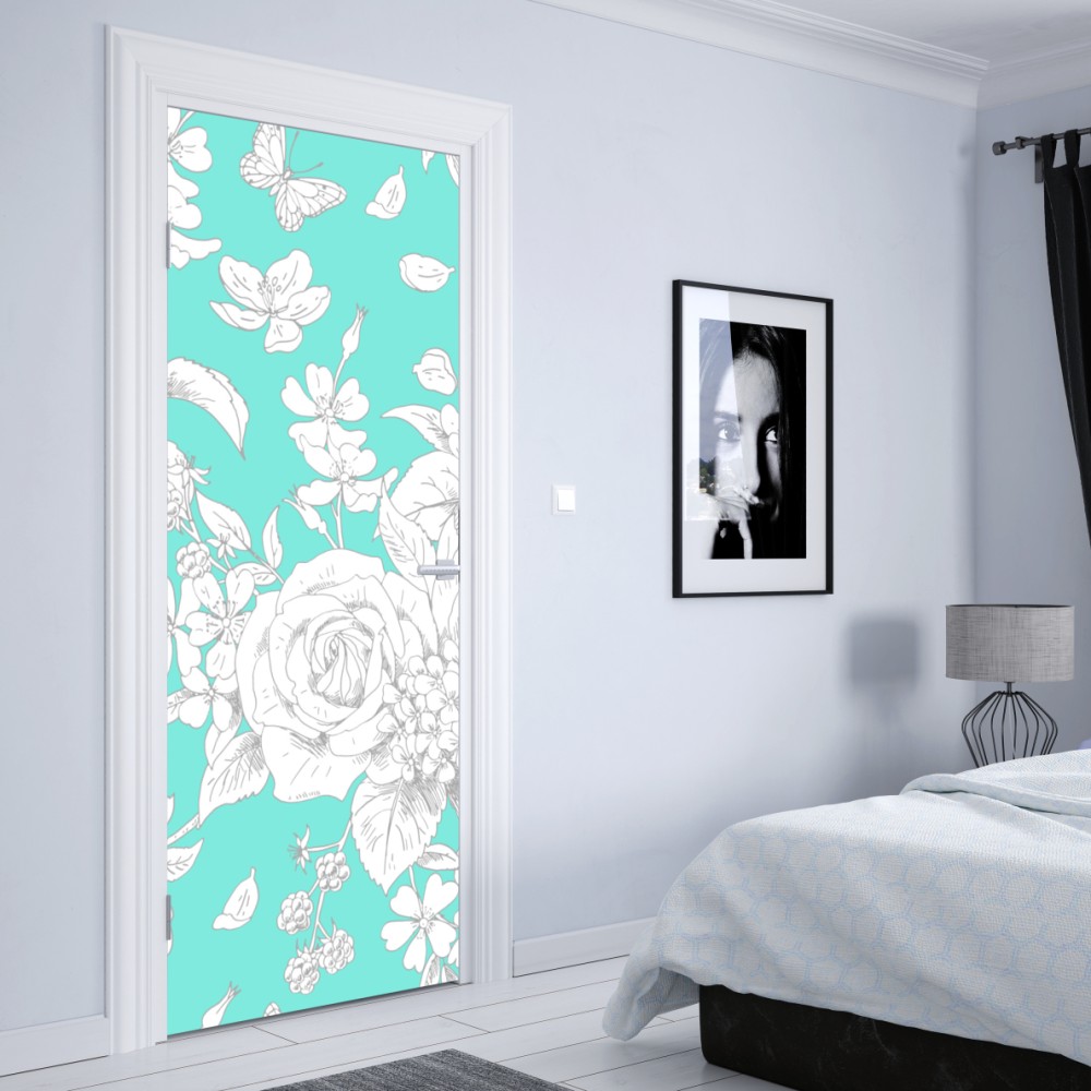 Türaufkleber türkis floral muster mit blumen – Wallnifity® Türaufkleber türkis floral muster mit blumen – Wallnifity®