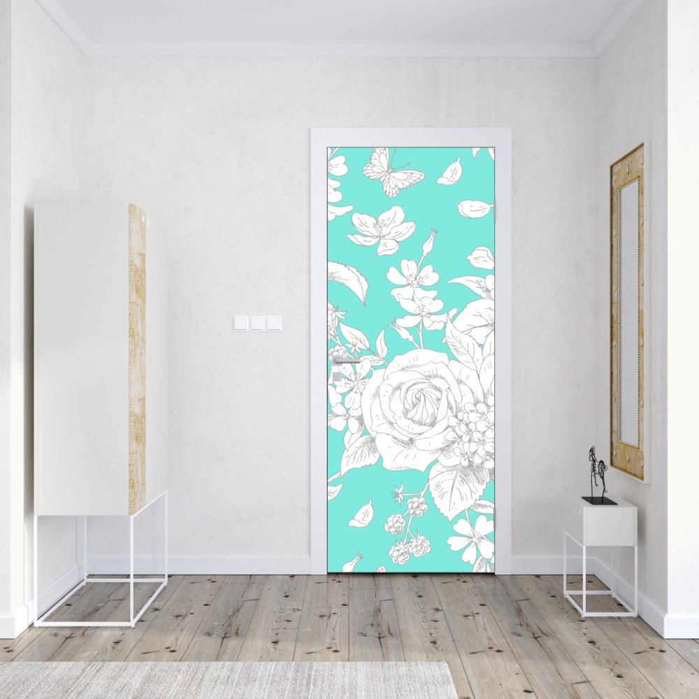 Türaufkleber türkis floral muster mit blumen – Wallnifity® Türaufkleber türkis floral muster mit blumen – Wallnifity®
