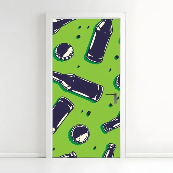 Türaufkleber grünes pop-art-muster mit bierflaschen und kronkorken – Wallnifity® Türaufkleber grünes pop-art-muster mit bierflaschen und kronkorken – Wallnifity®