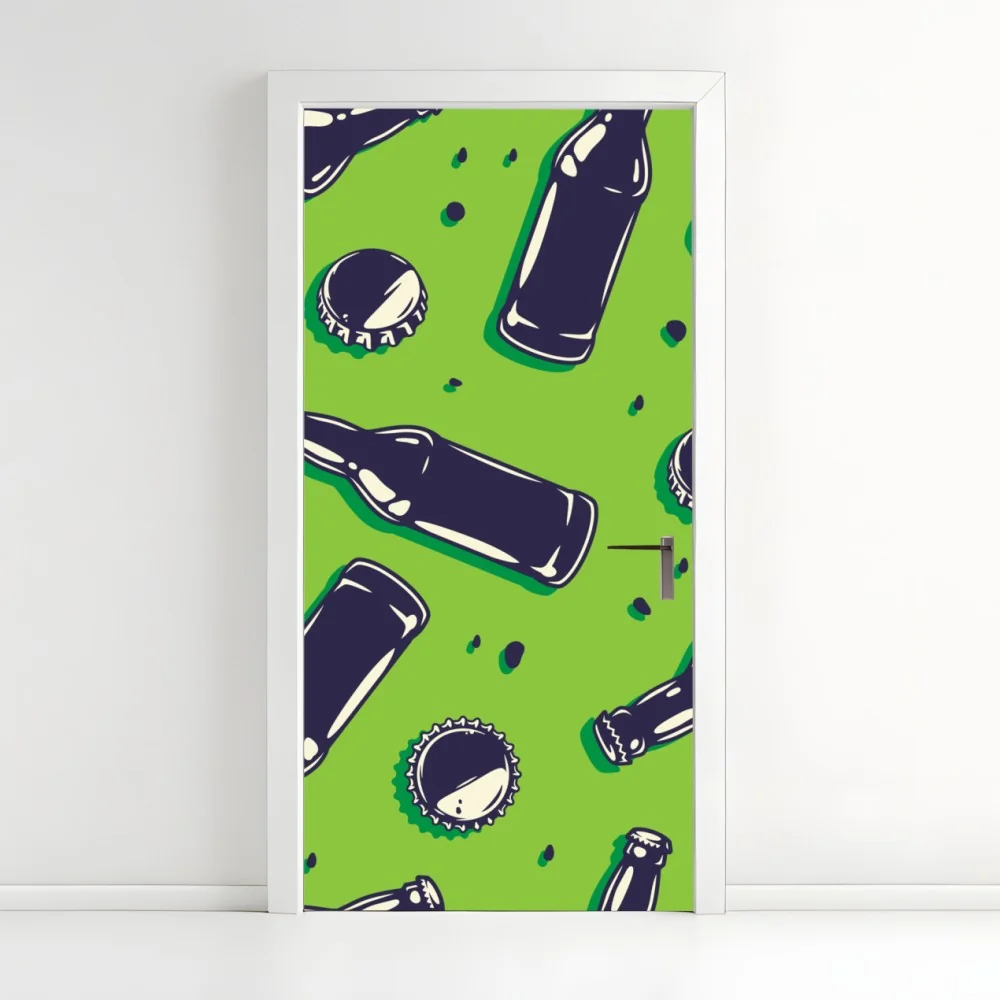 Türaufkleber grünes pop-art-muster mit bierflaschen und kronkorken – Wallnifity® Türaufkleber grünes pop-art-muster mit bierflaschen und kronkorken – Wallnifity®