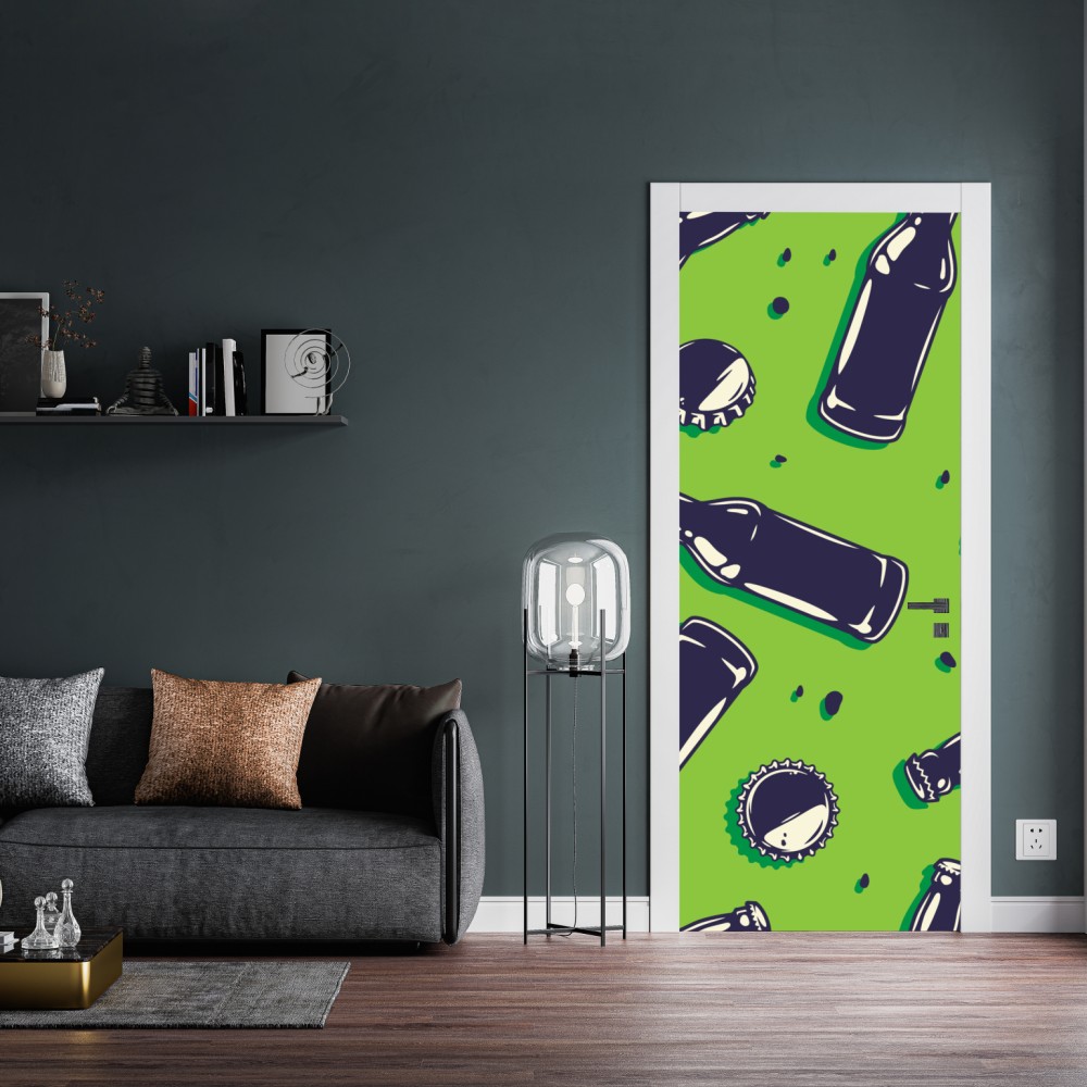 Türaufkleber grünes pop-art-muster mit bierflaschen und kronkorken – Wallnifity® Türaufkleber grünes pop-art-muster mit bierflaschen und kronkorken – Wallnifity®