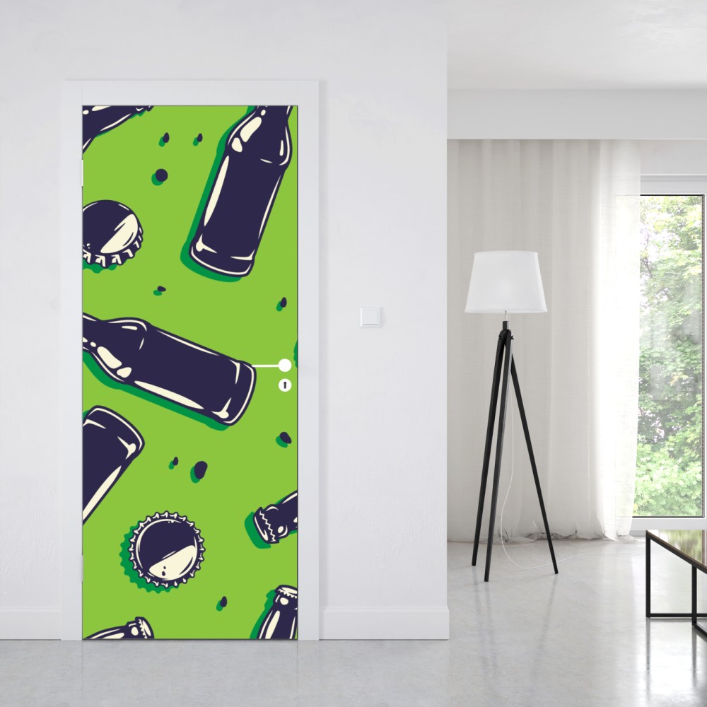 Türaufkleber grünes pop-art-muster mit bierflaschen und kronkorken – Wallnifity® Türaufkleber grünes pop-art-muster mit bierflaschen und kronkorken – Wallnifity®