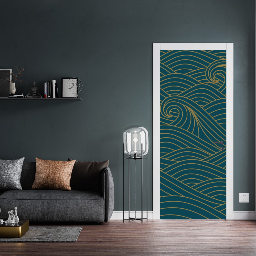 Türaufkleber türkiswellenmuster mit goldlinien – Wallnifity® Türaufkleber türkiswellenmuster mit goldlinien – Wallnifity®