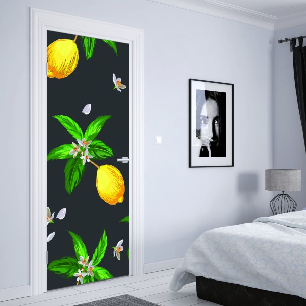 Türaufkleber leuchtendes zitronenmuster mit grünen blättern – Wallnifity® Türaufkleber leuchtendes zitronenmuster mit grünen blättern – Wallnifity®