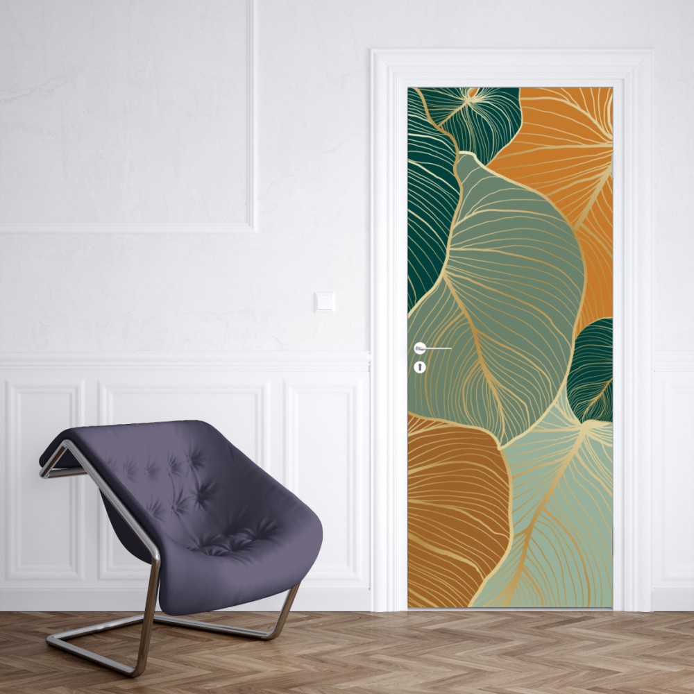 Türaufkleber türkis-goldenes botanisches blättermuster – Wallnifity® Türaufkleber türkis-goldenes botanisches blättermuster – Wallnifity®