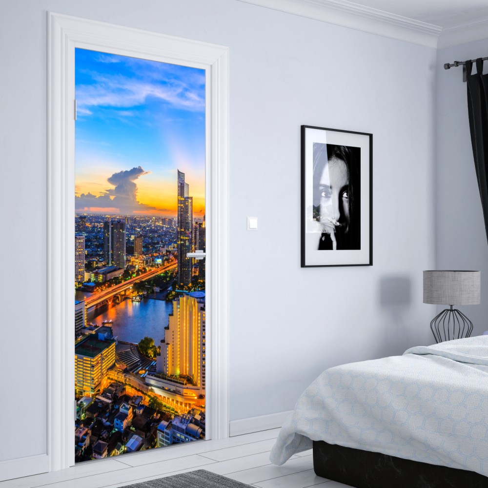 Türaufkleber lebendige stadtskyline bei dämmerung – Wallnifity® Türaufkleber lebendige stadtskyline bei dämmerung – Wallnifity®