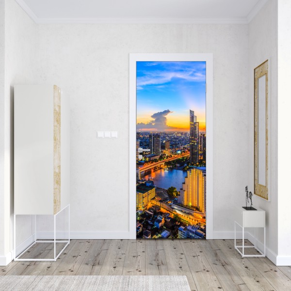 Türaufkleber lebendige stadtskyline bei dämmerung – Wallnifity® Türaufkleber lebendige stadtskyline bei dämmerung – Wallnifity®