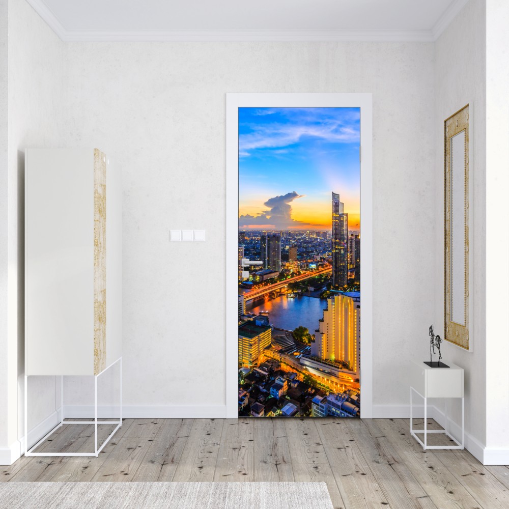 Türaufkleber lebendige stadtskyline bei dämmerung – Wallnifity® Türaufkleber lebendige stadtskyline bei dämmerung – Wallnifity®