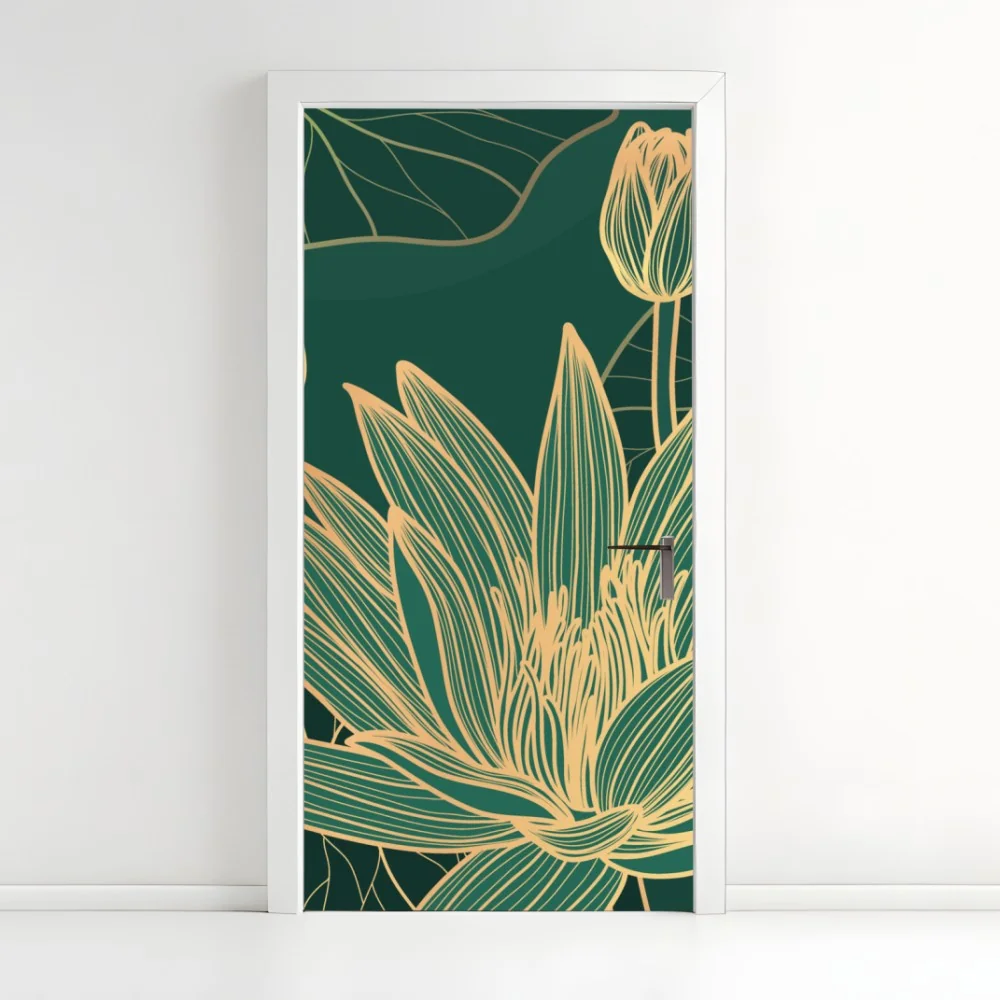 Türaufkleber goldene lotosblüten auf grünem hintergrund – Wallnifity® Türaufkleber goldene lotosblüten auf grünem hintergrund – Wallnifity®