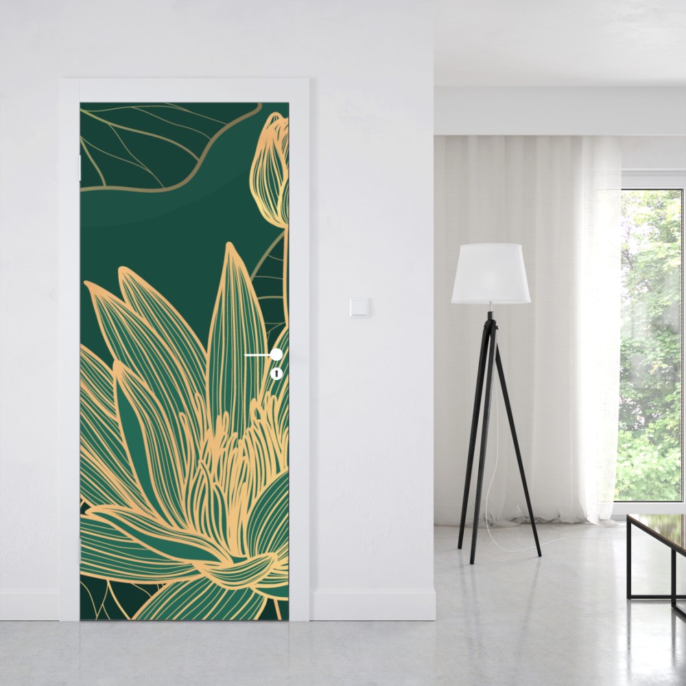 Türaufkleber goldene lotosblüten auf grünem hintergrund – Wallnifity® Türaufkleber goldene lotosblüten auf grünem hintergrund – Wallnifity®