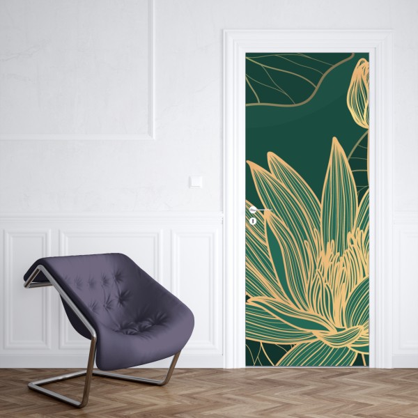 Türaufkleber goldene lotosblüten auf grünem hintergrund – Wallnifity® Türaufkleber goldene lotosblüten auf grünem hintergrund – Wallnifity®