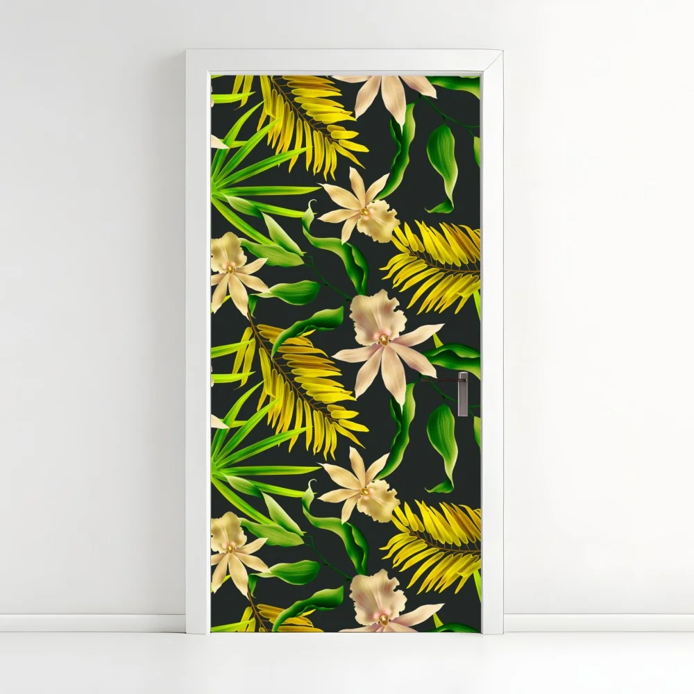 Türaufkleber tropisches orchideenmuster auf dunklem hintergrund – Wallnifity®