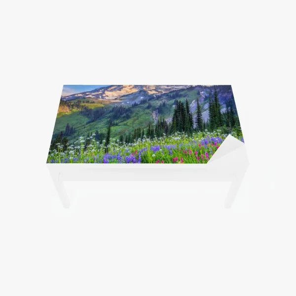 Tischaufkleber und Schreibtischaufkleber alpine blumenwiese vor schneebedeckten bergen