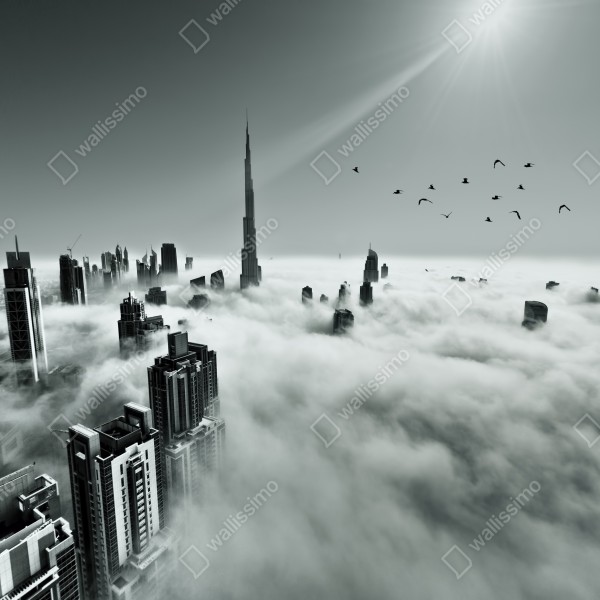 Tischaufkleber und Schreibtischaufkleber neblige skyline von Dubai über den wolken – Wallnifity® Tischaufkleber und Schreibtischaufkleber neblige skyline von Dubai über den wolken – Wallnifity®