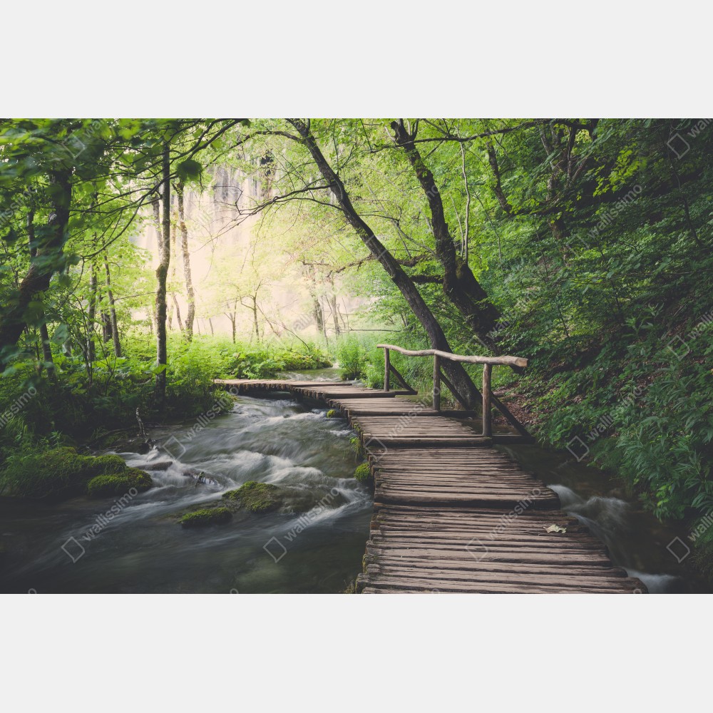 Tischaufkleber und Schreibtischaufkleber ruhiger hölzerner steg durch grünen wald – Wallnifity® Tischaufkleber und Schreibtischaufkleber ruhiger hölzerner steg durch grünen wald – Wallnifity®