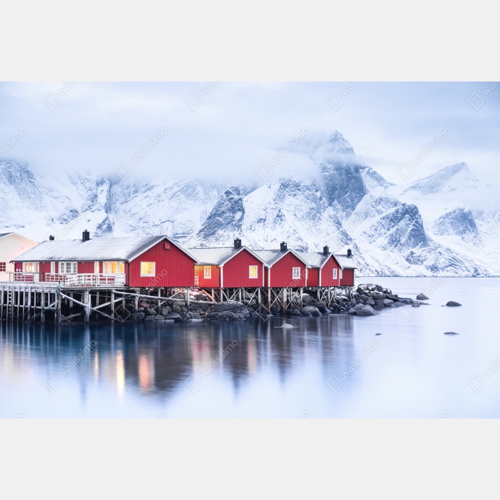 Tischaufkleber und Schreibtischaufkleber sonnenaufgang über den roten hütten der Lofoten – Wallnifity® Tischaufkleber und Schreibtischaufkleber sonnenaufgang über den roten hütten der Lofoten – Wallnifity®
