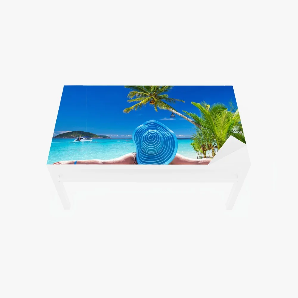 Tischaufkleber und Schreibtischaufkleber tropischer strand mit blauem sonnenhut – Wallnifity®