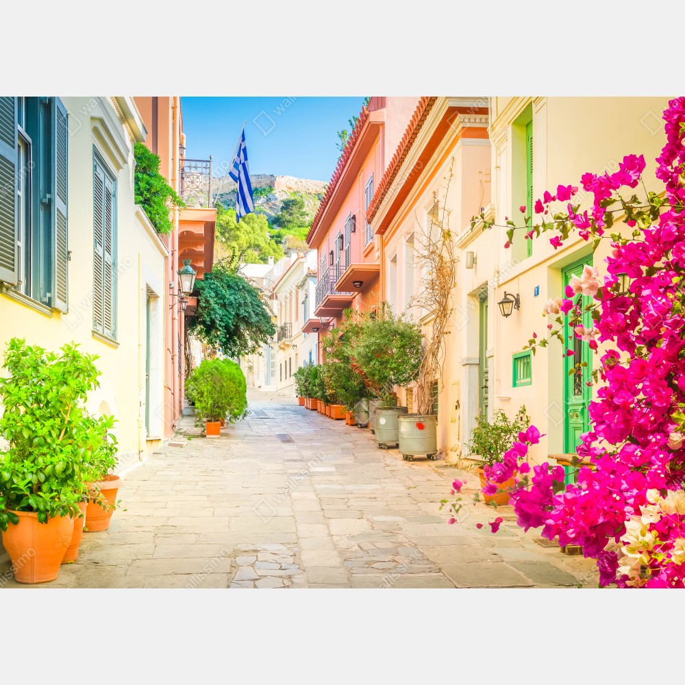 Tischaufkleber und Schreibtischaufkleber sonnige griechische gasse mit bougainvillea – Wallnifity® Tischaufkleber und Schreibtischaufkleber sonnige griechische gasse mit bougainvillea – Wallnifity®