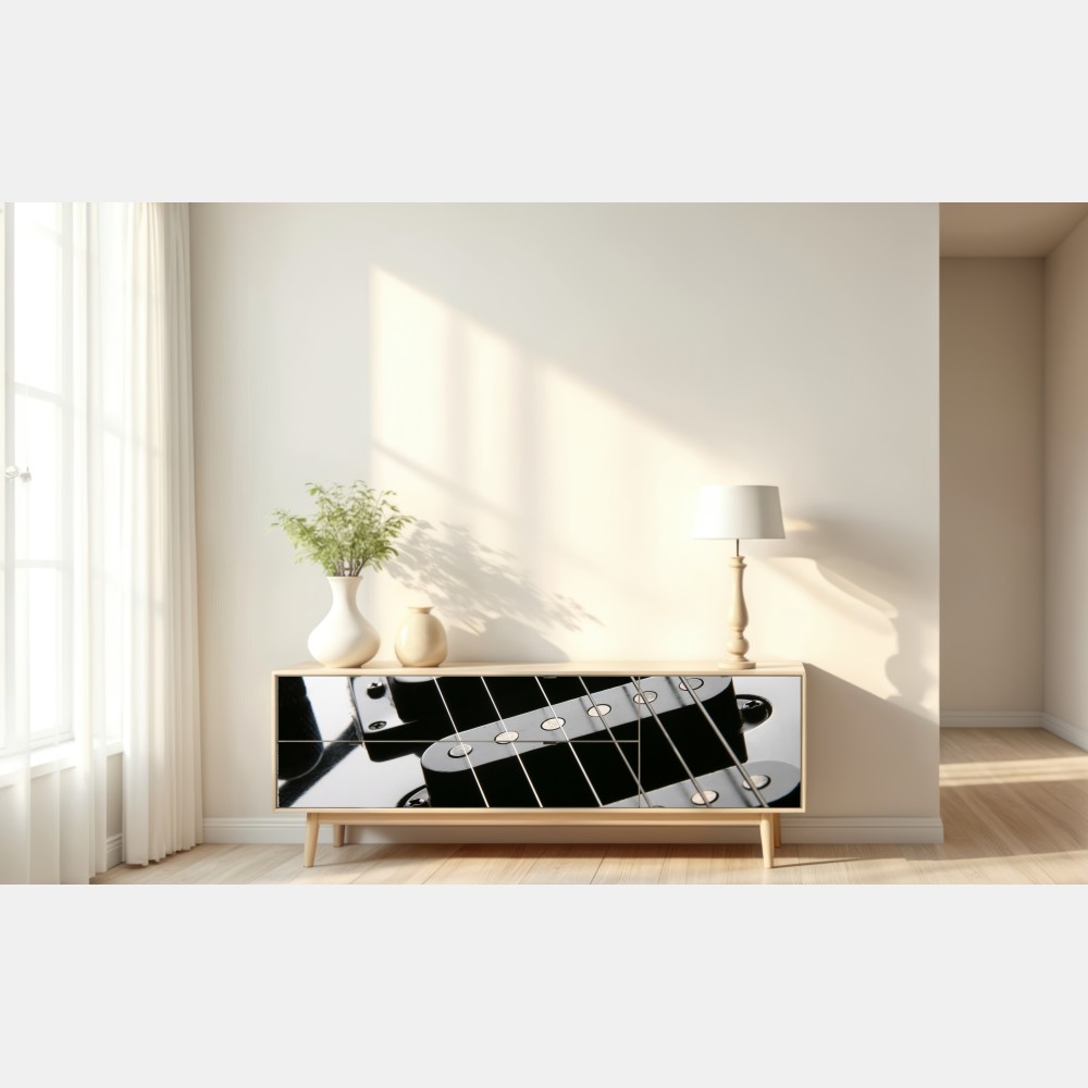 Repositionierbarer Aufkleber nahaufnahme einer schwarzen elektrogitarre – Wallnifity® Repositionierbarer Aufkleber nahaufnahme einer schwarzen elektrogitarre – Wallnifity®