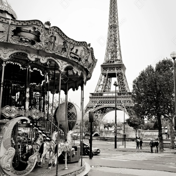 Repositionierbarer Aufkleber Eiffelturm und karussell in Paris – Wallnifity® Repositionierbarer Aufkleber Eiffelturm und karussell in Paris – Wallnifity®