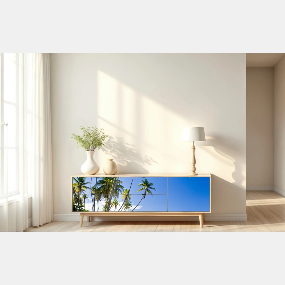 Repositionierbarer Aufkleber tropischer palmenstrand unter blauem himmel – Wallnifity® Repositionierbarer Aufkleber tropischer palmenstrand unter blauem himmel – Wallnifity®