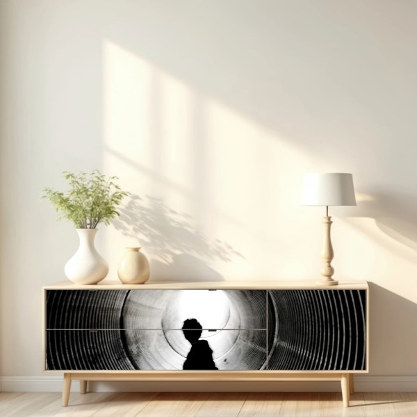 Repositionierbarer Aufkleber silhouette in einem spiraltunnel – Wallnifity® Repositionierbarer Aufkleber silhouette in einem spiraltunnel – Wallnifity®