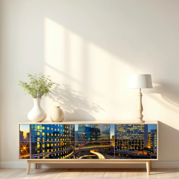 Repositionierbarer Aufkleber moderne stadtsilhouette bei dämmerung – Wallnifity® Repositionierbarer Aufkleber moderne stadtsilhouette bei dämmerung – Wallnifity®
