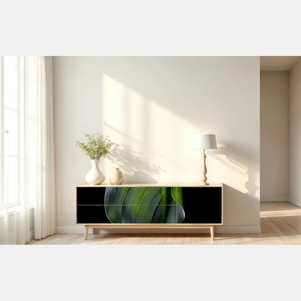Repositionierbarer Aufkleber elegantes grünes blatt auf schwarzem hintergrund – Wallnifity® Repositionierbarer Aufkleber elegantes grünes blatt auf schwarzem hintergrund – Wallnifity®