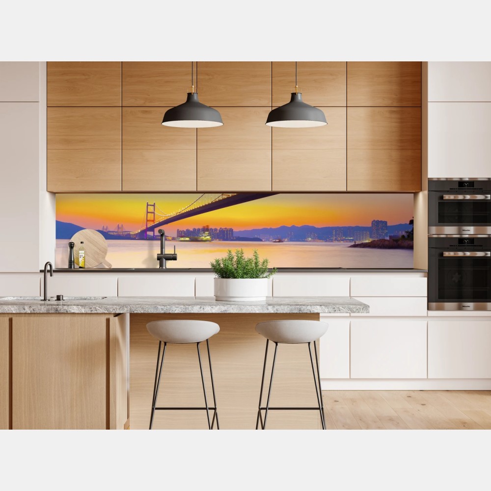 Repositionierbarer Aufkleber goldener sonnenuntergang über hängebrücke – Wallnifity® Repositionierbarer Aufkleber goldener sonnenuntergang über hängebrücke – Wallnifity®