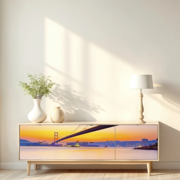 Repositionierbarer Aufkleber goldener sonnenuntergang über hängebrücke – Wallnifity® Repositionierbarer Aufkleber goldener sonnenuntergang über hängebrücke – Wallnifity®