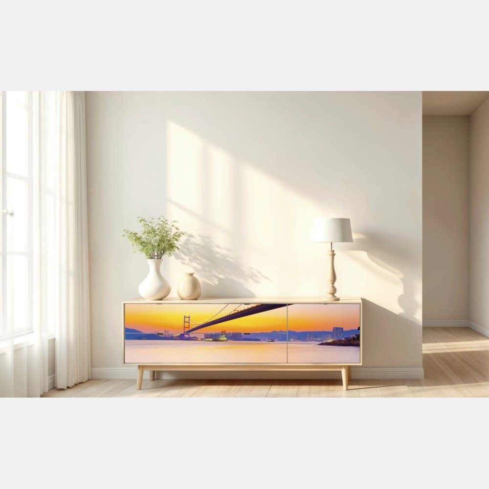 Repositionierbarer Aufkleber goldener sonnenuntergang über hängebrücke – Wallnifity® Repositionierbarer Aufkleber goldener sonnenuntergang über hängebrücke – Wallnifity®