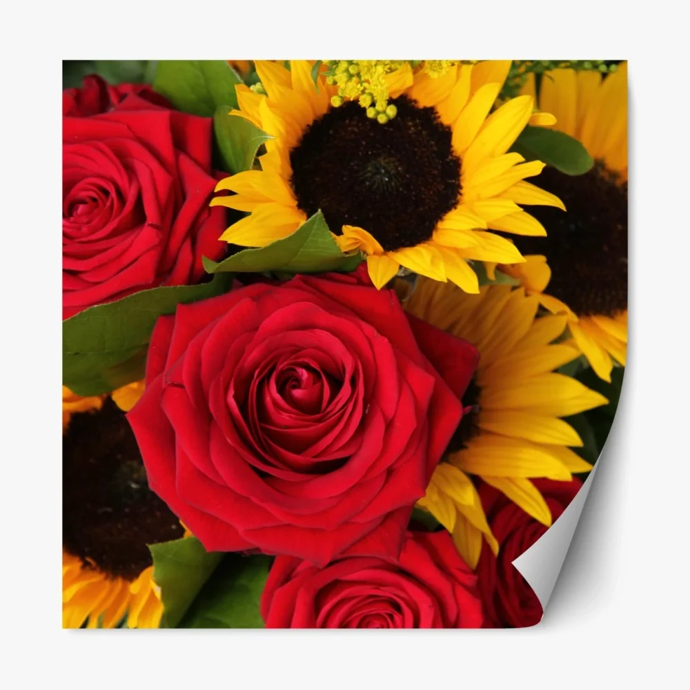 Repositionierbarer Aufkleber rote rosen und sonnenblumen im bukett – Wallnifity® Repositionierbarer Aufkleber rote rosen und sonnenblumen im bukett – Wallnifity®