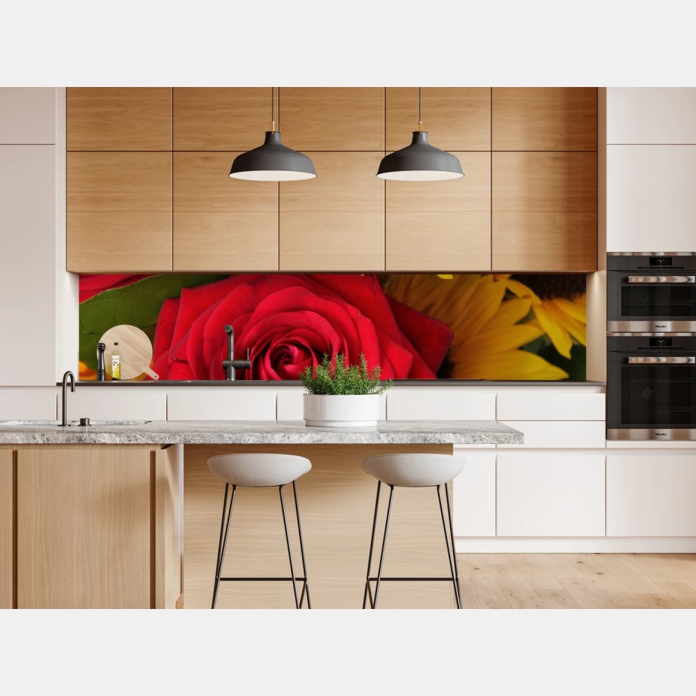 Repositionierbarer Aufkleber rote rosen und sonnenblumen im bukett – Wallnifity® Repositionierbarer Aufkleber rote rosen und sonnenblumen im bukett – Wallnifity®