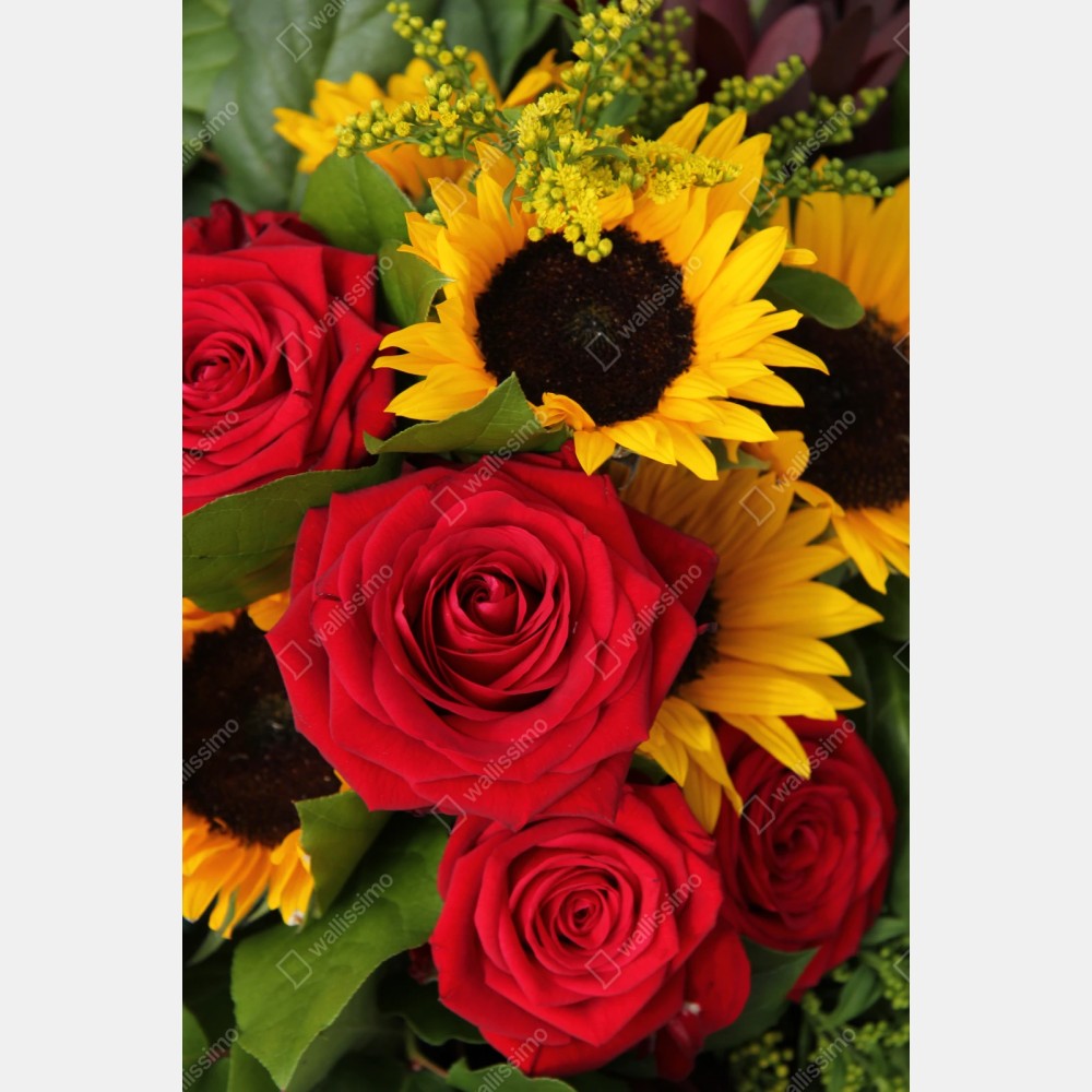 Repositionierbarer Aufkleber rote rosen und sonnenblumen im bukett – Wallnifity® Repositionierbarer Aufkleber rote rosen und sonnenblumen im bukett – Wallnifity®