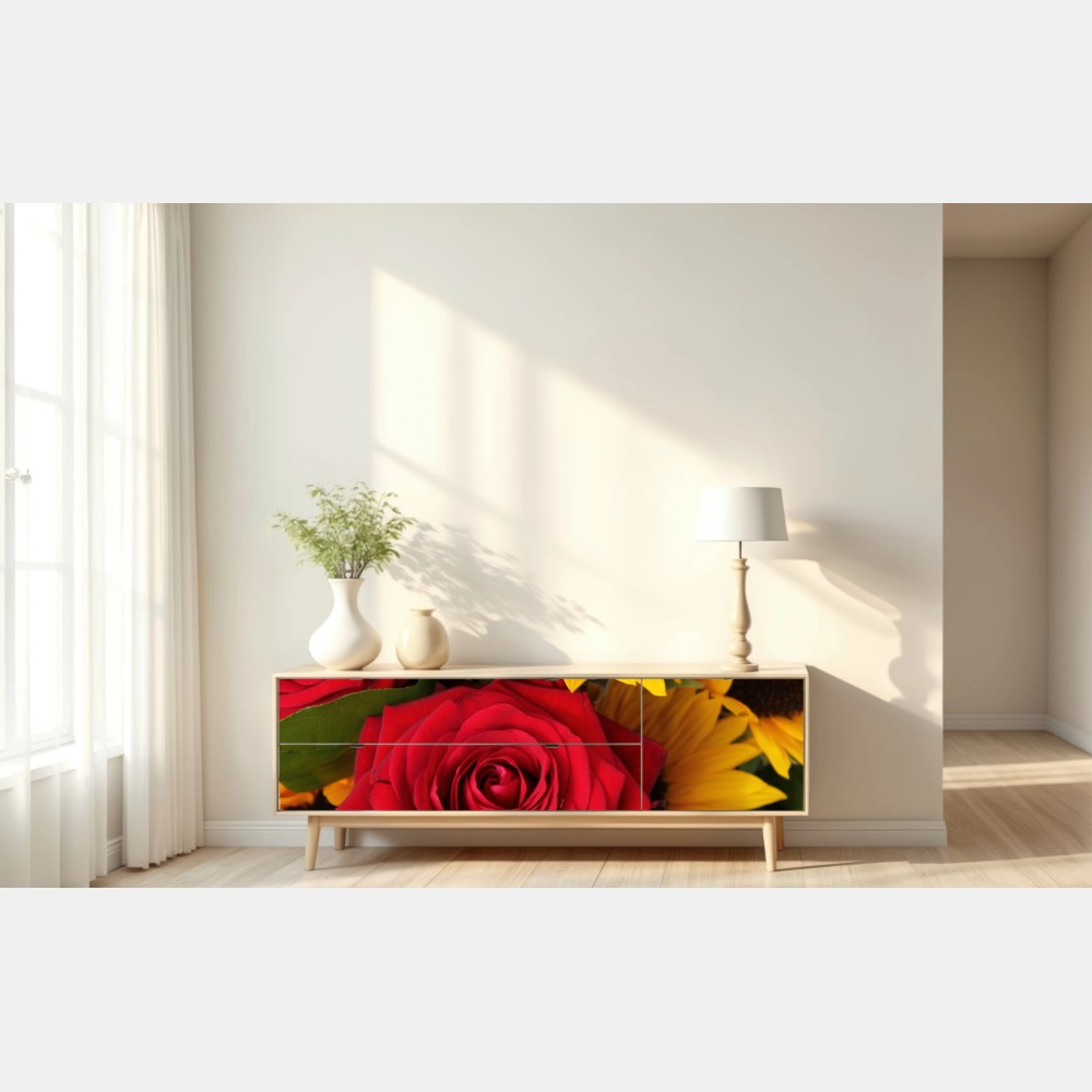 Repositionierbarer Aufkleber rote rosen und sonnenblumen im bukett – Wallnifity® Repositionierbarer Aufkleber rote rosen und sonnenblumen im bukett – Wallnifity®