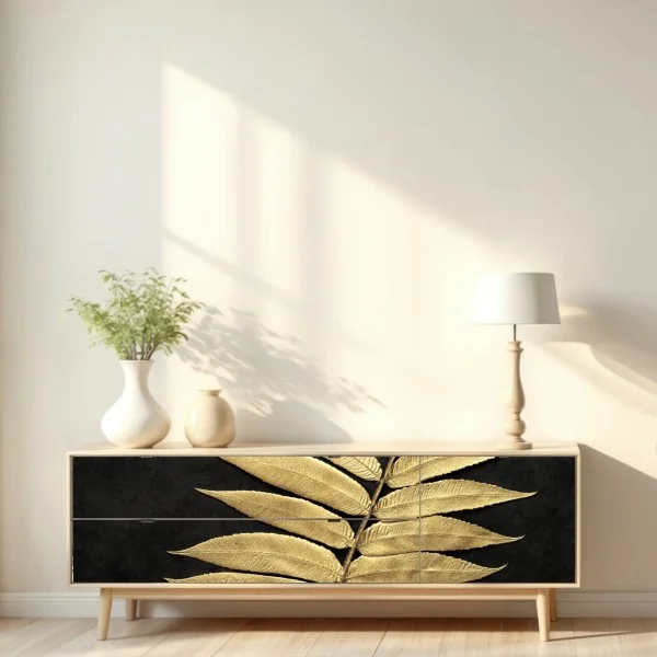 Repositionierbarer Aufkleber goldener farn vor dunklem hintergrund – Wallnifity® Repositionierbarer Aufkleber goldener farn vor dunklem hintergrund – Wallnifity®