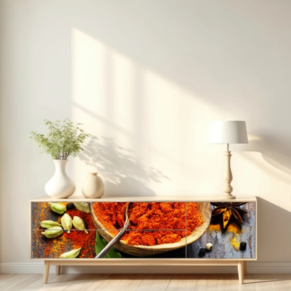 Repositionierbarer Aufkleber bunte gewürze und kräuter auf holz – Wallnifity® Repositionierbarer Aufkleber bunte gewürze und kräuter auf holz – Wallnifity®