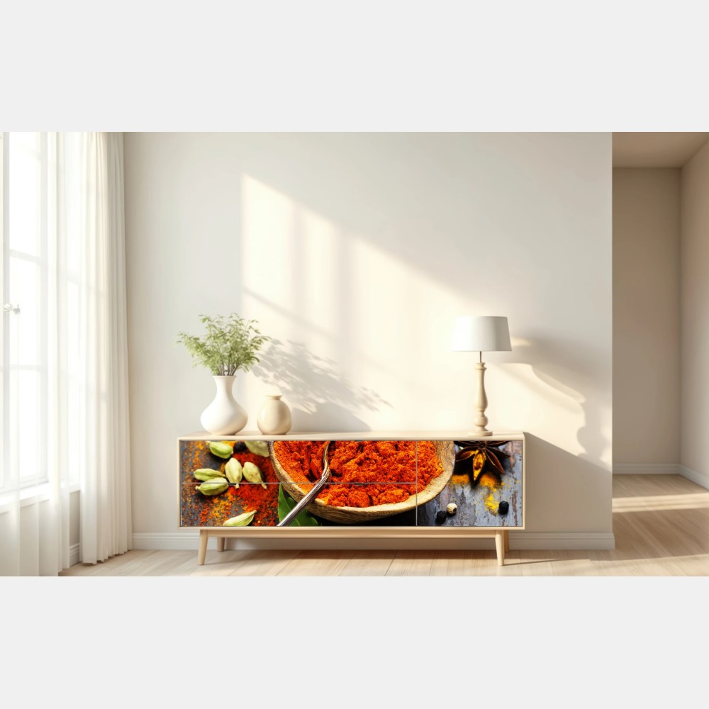 Repositionierbarer Aufkleber bunte gewürze und kräuter auf holz – Wallnifity® Repositionierbarer Aufkleber bunte gewürze und kräuter auf holz – Wallnifity®