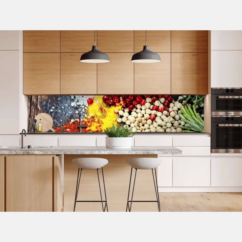 Repositionierbarer Aufkleber buntes gewürzsortiment auf rustikalem holz – Wallnifity® Repositionierbarer Aufkleber buntes gewürzsortiment auf rustikalem holz – Wallnifity®