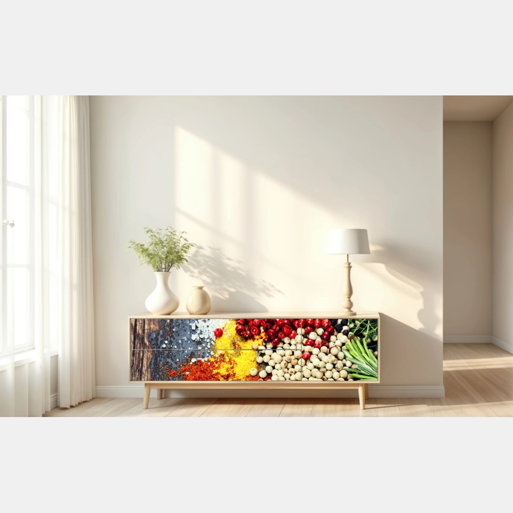 Repositionierbarer Aufkleber buntes gewürzsortiment auf rustikalem holz – Wallnifity® Repositionierbarer Aufkleber buntes gewürzsortiment auf rustikalem holz – Wallnifity®