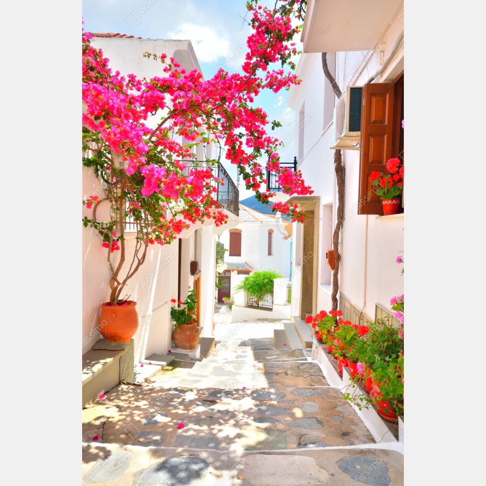Repositionierbarer Aufkleber sonnige mediterrane gasse mit bougainvillea – Wallnifity® Repositionierbarer Aufkleber sonnige mediterrane gasse mit bougainvillea – Wallnifity®