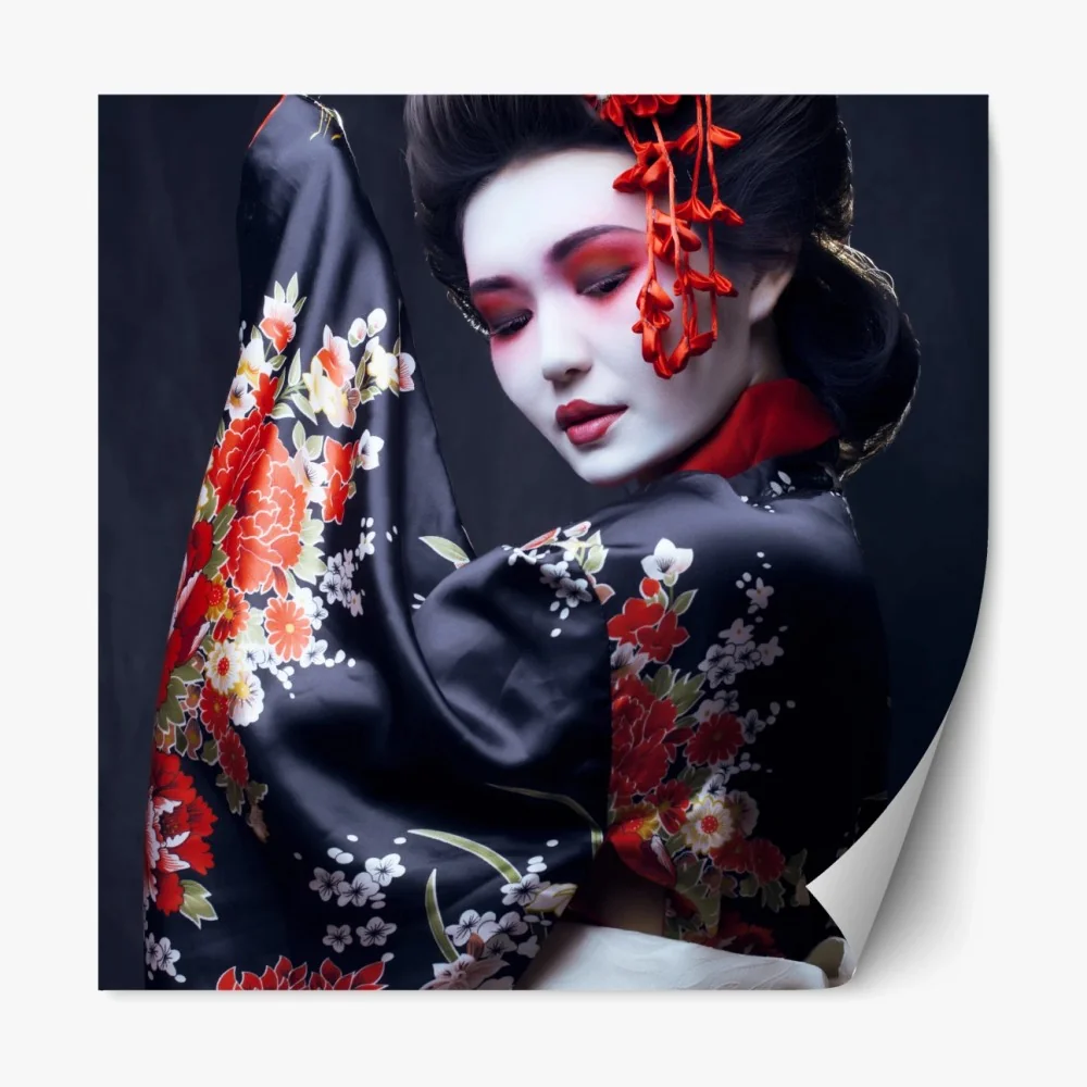 Repositionierbarer Aufkleber elegantes geisha-porträt in rotem und schwarzem kimono – Wallnifity® Repositionierbarer Aufkleber elegantes geisha-porträt in rotem und schwarzem kimono – Wallnifity®