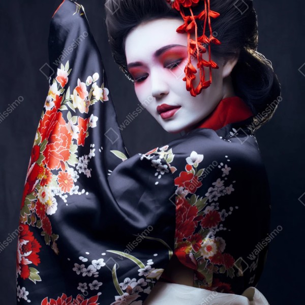 Repositionierbarer Aufkleber elegantes geisha-porträt in rotem und schwarzem kimono – Wallnifity® Repositionierbarer Aufkleber elegantes geisha-porträt in rotem und schwarzem kimono – Wallnifity®