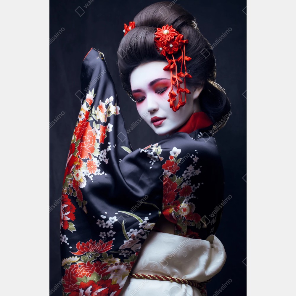 Repositionierbarer Aufkleber elegantes geisha-porträt in rotem und schwarzem kimono – Wallnifity® Repositionierbarer Aufkleber elegantes geisha-porträt in rotem und schwarzem kimono – Wallnifity®