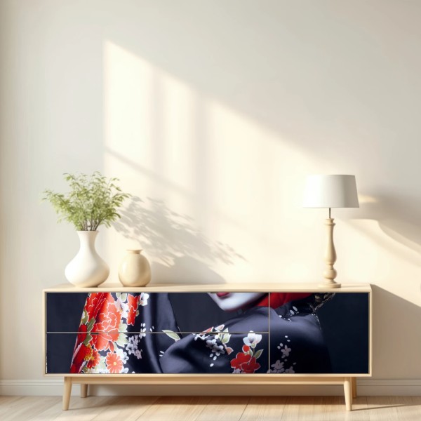 Repositionierbarer Aufkleber elegantes geisha-porträt in rotem und schwarzem kimono – Wallnifity® Repositionierbarer Aufkleber elegantes geisha-porträt in rotem und schwarzem kimono – Wallnifity®