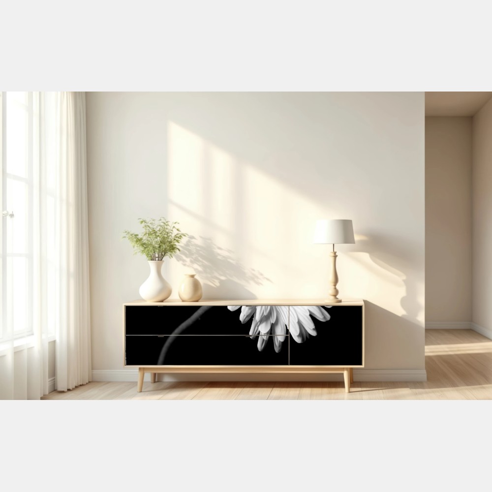 Repositionierbarer Aufkleber weiße gerbera vor schwarzem hintergrund – Wallnifity® Repositionierbarer Aufkleber weiße gerbera vor schwarzem hintergrund – Wallnifity®