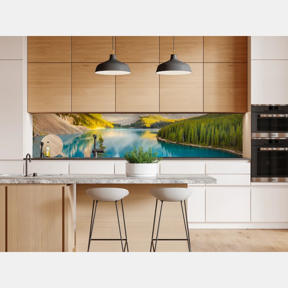 Repositionierbarer Aufkleber sonnenbeschienenes Moraine Lake bergpanorama – Wallnifity® Repositionierbarer Aufkleber sonnenbeschienenes Moraine Lake bergpanorama – Wallnifity®